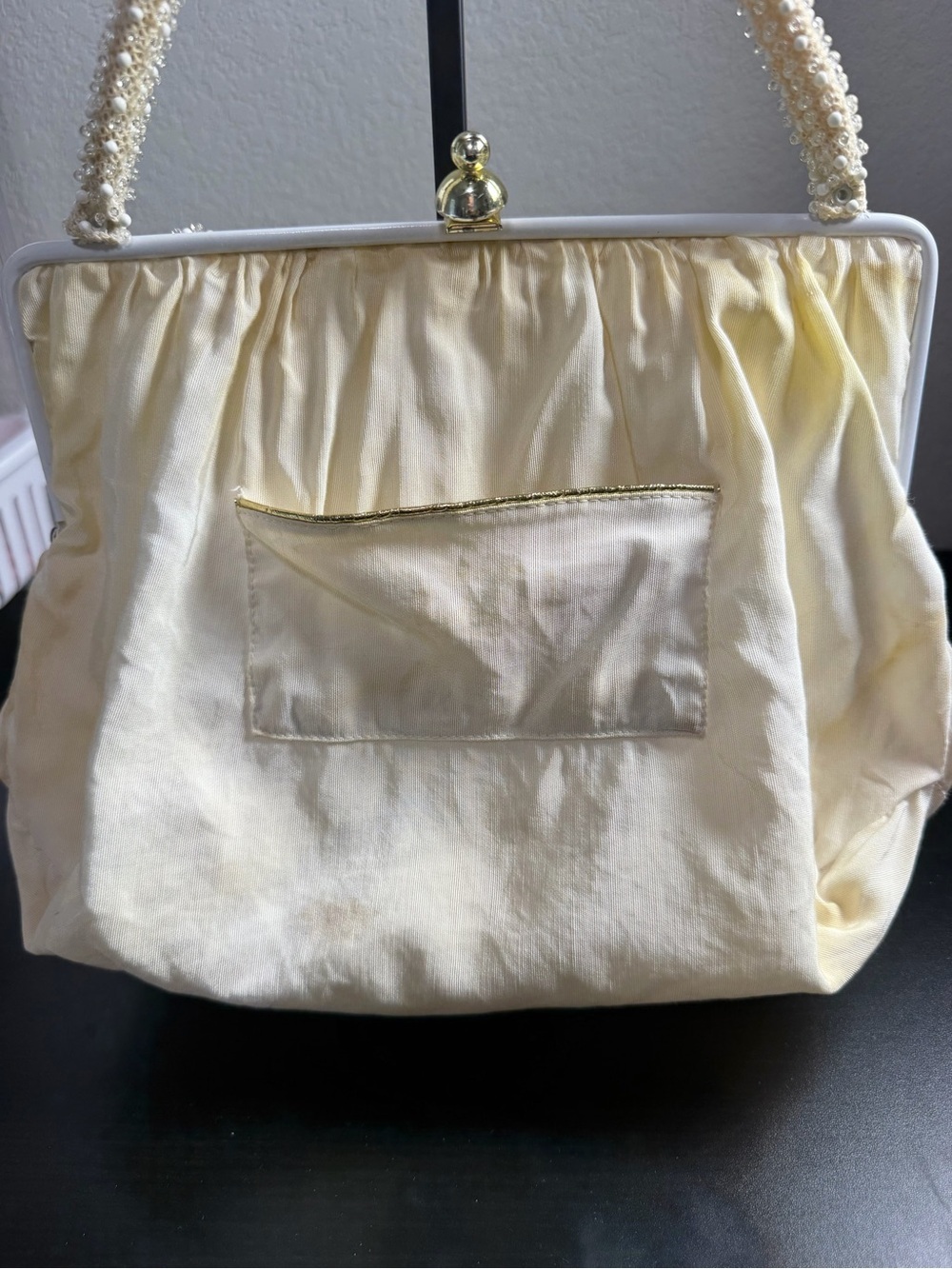 Vintage Ivory Pearl Beaded Handbag Purse Gold Clasp Evening Purse - Picture 4 of 5